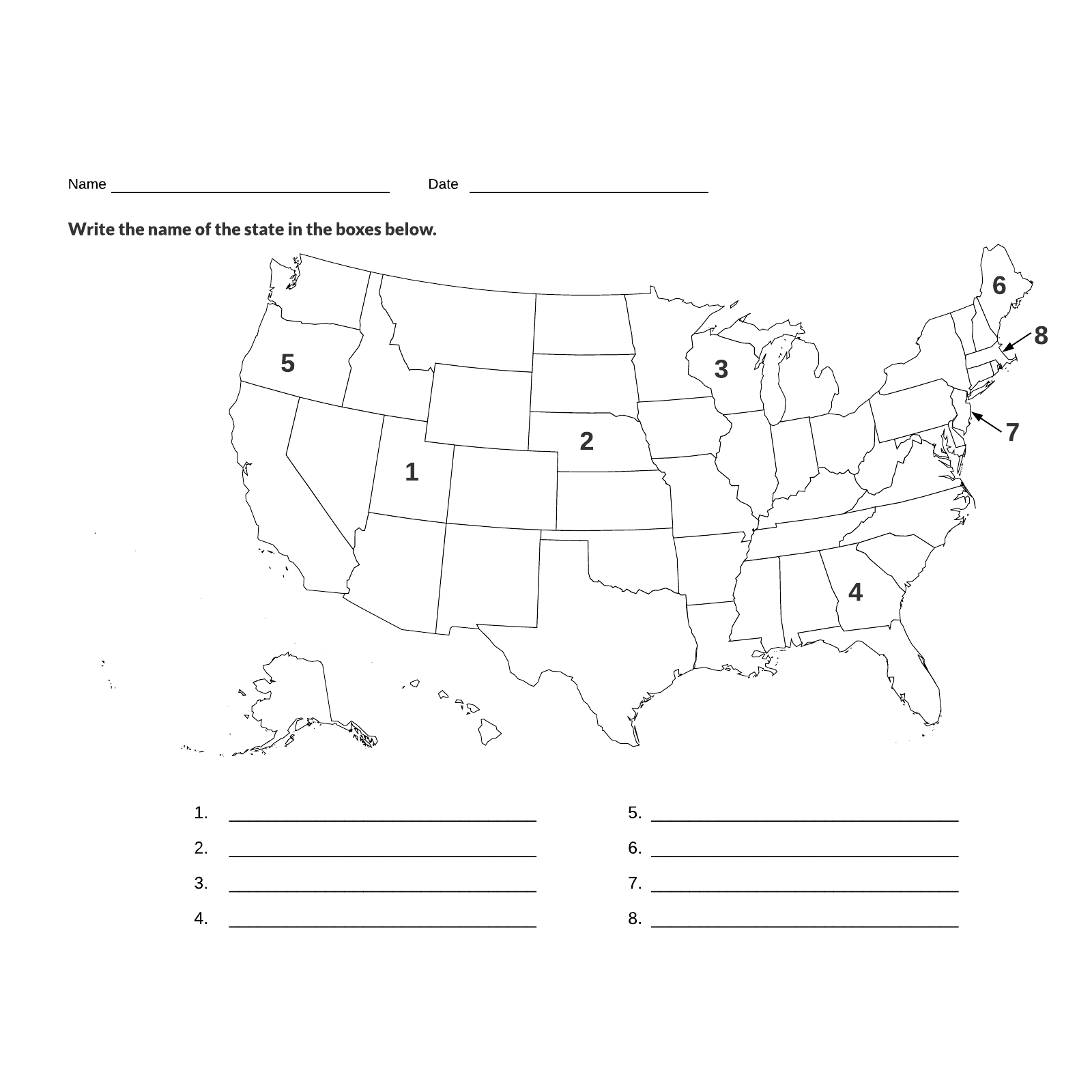 US states geography printable quiz example