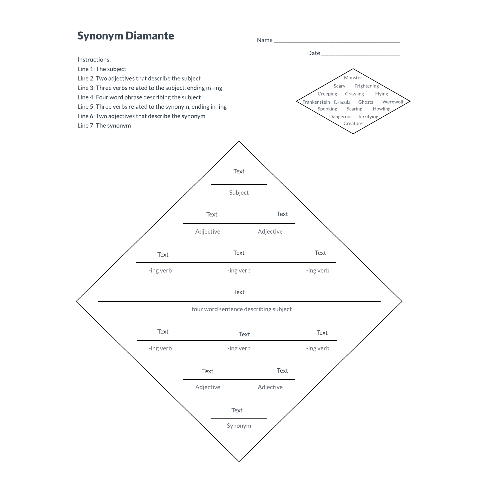 Diamante poetry worksheets example