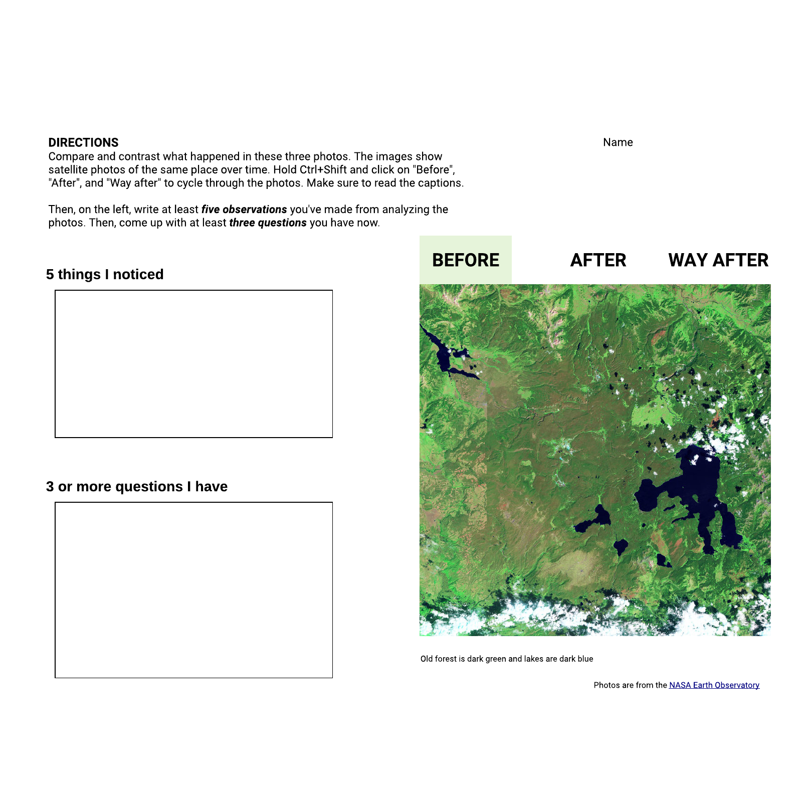 Before and After - Science Observation Worksheet (Yellowstone) example