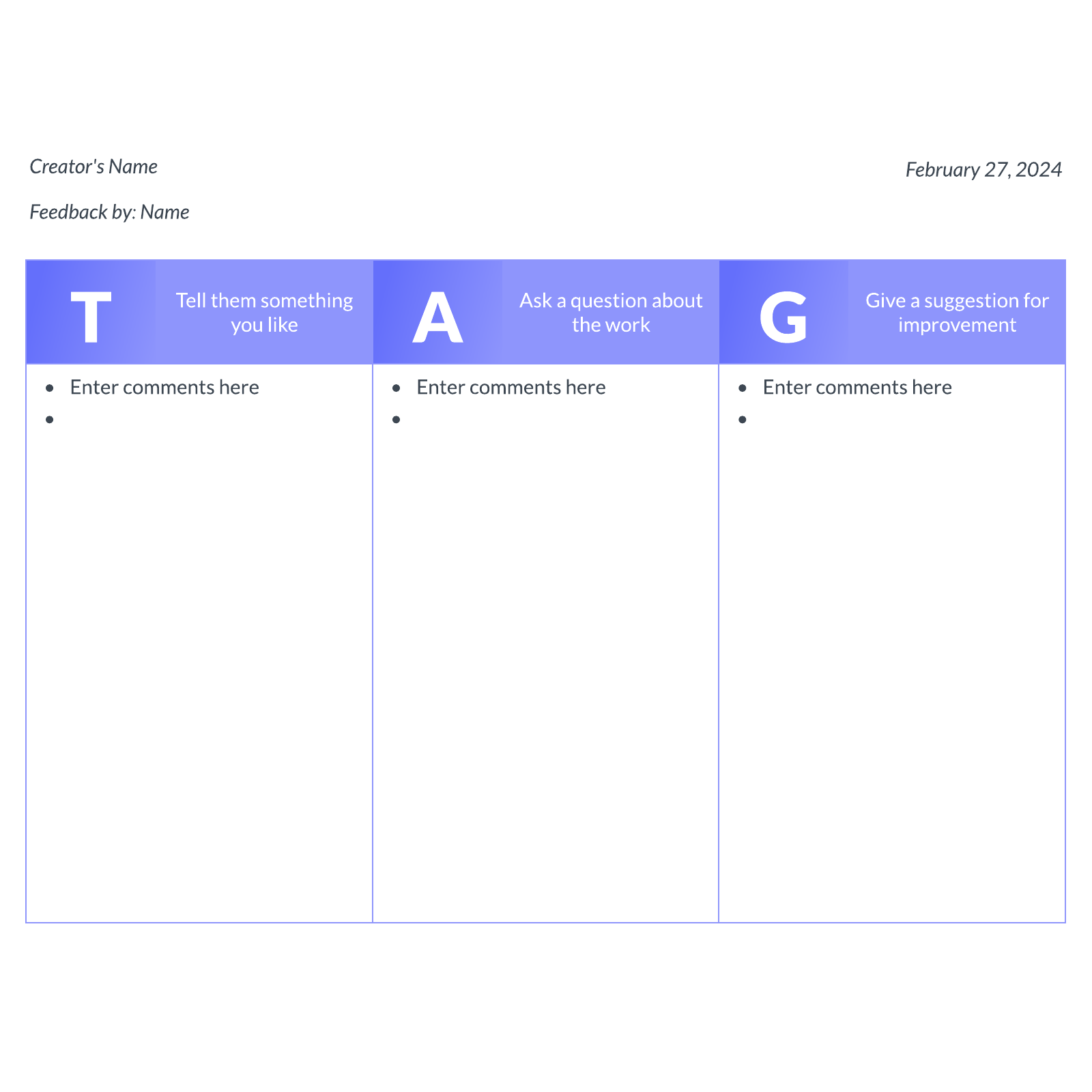 T-A-G peer feedback example
