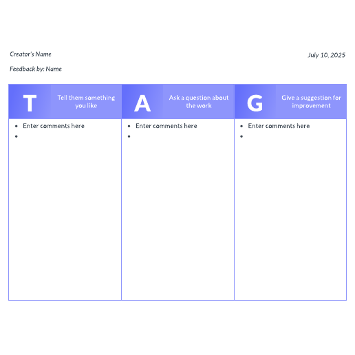 Go to T-A-G peer feedback template