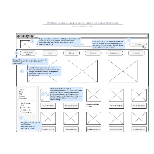 Go to Wireframe categoriepagina voor e-commerce met aantekeningen template