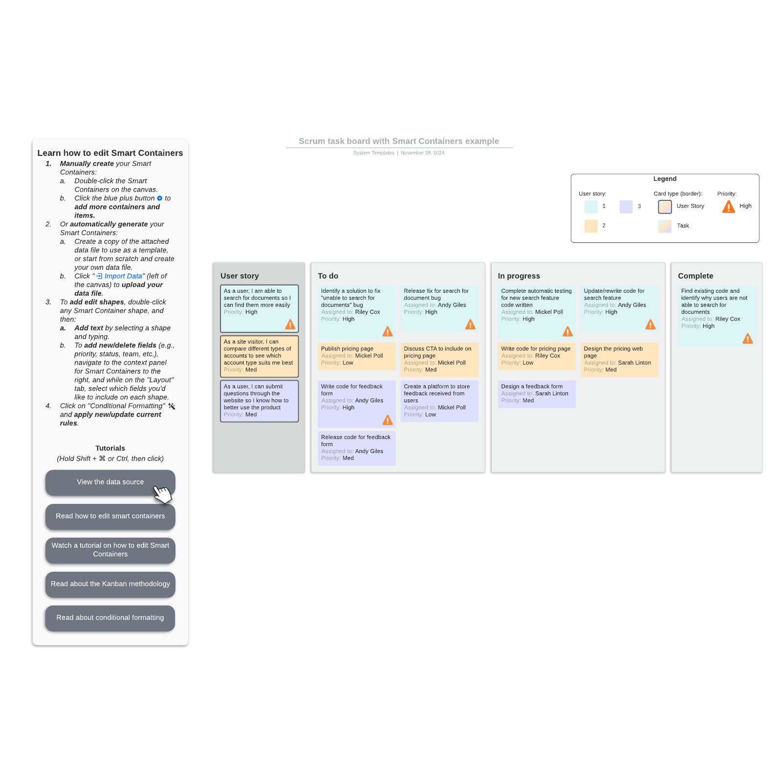 Scrum task board with Smart Containers example Lucidchart