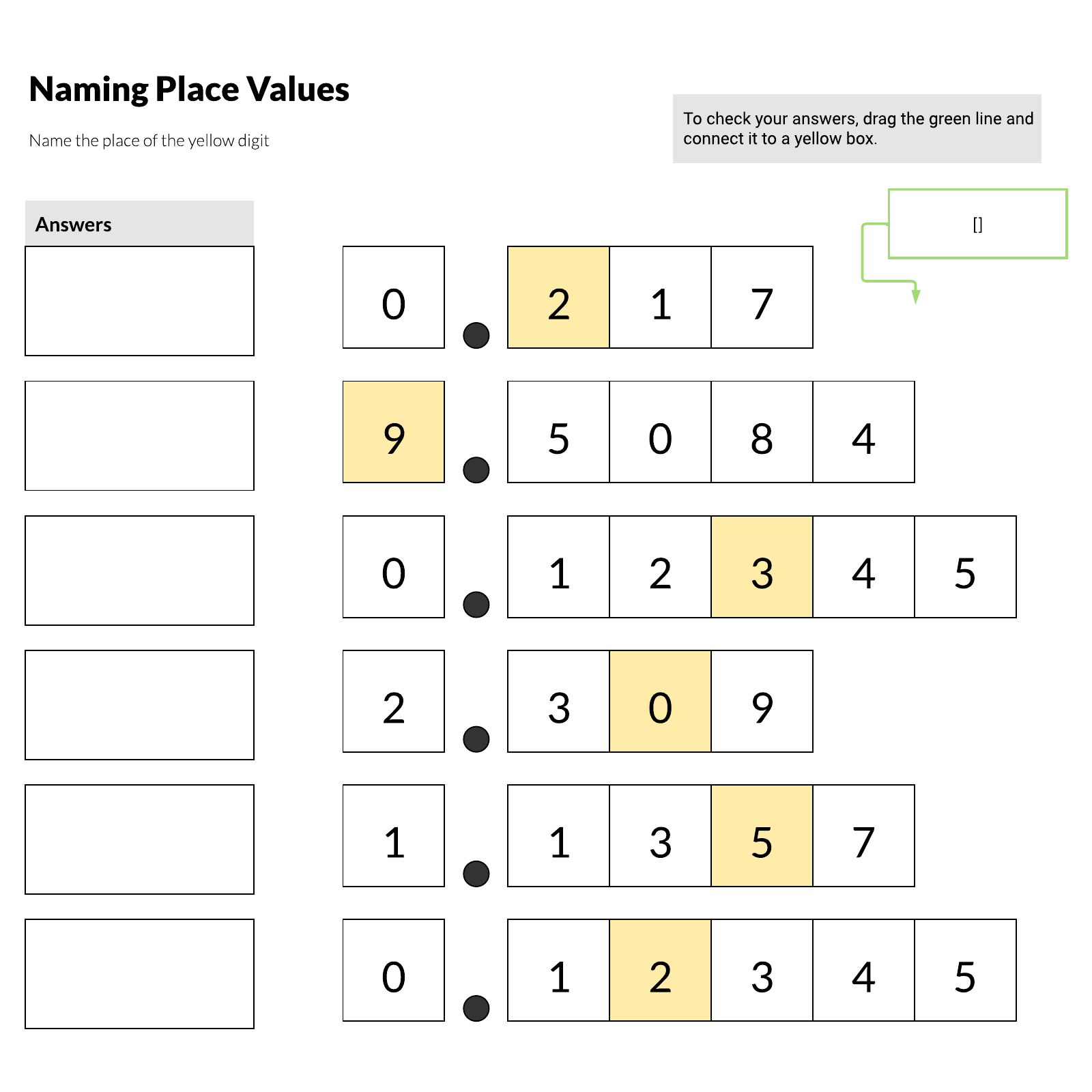 Naming Decimal Place Values Worksheet example