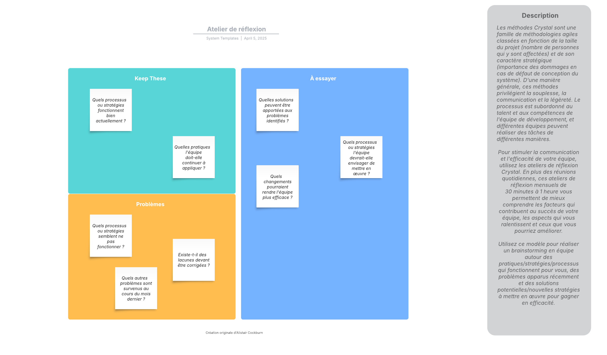 Ce modèle d'atelier de réflexion peut vous aider à :

- réaliser une séance de brainstorming en équipe ;
- mieux comprendre les facteurs qui contribuent au succès de votre équipe, les aspects qui vous ralentissent et ceux que vous pourriez améliorer ; 
- renforcer la communication et l'efficacité de votre équipe.

Ouvrez ce modèle d'atelier de réflexion et ajoutez-y du contenu pour le personnaliser selon votre cas d'utilisation.