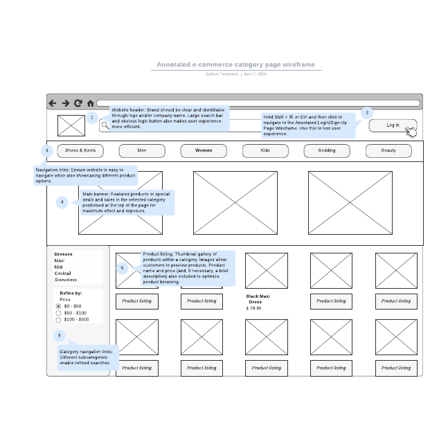 Go to Annotated e-commerce category page wireframe template page