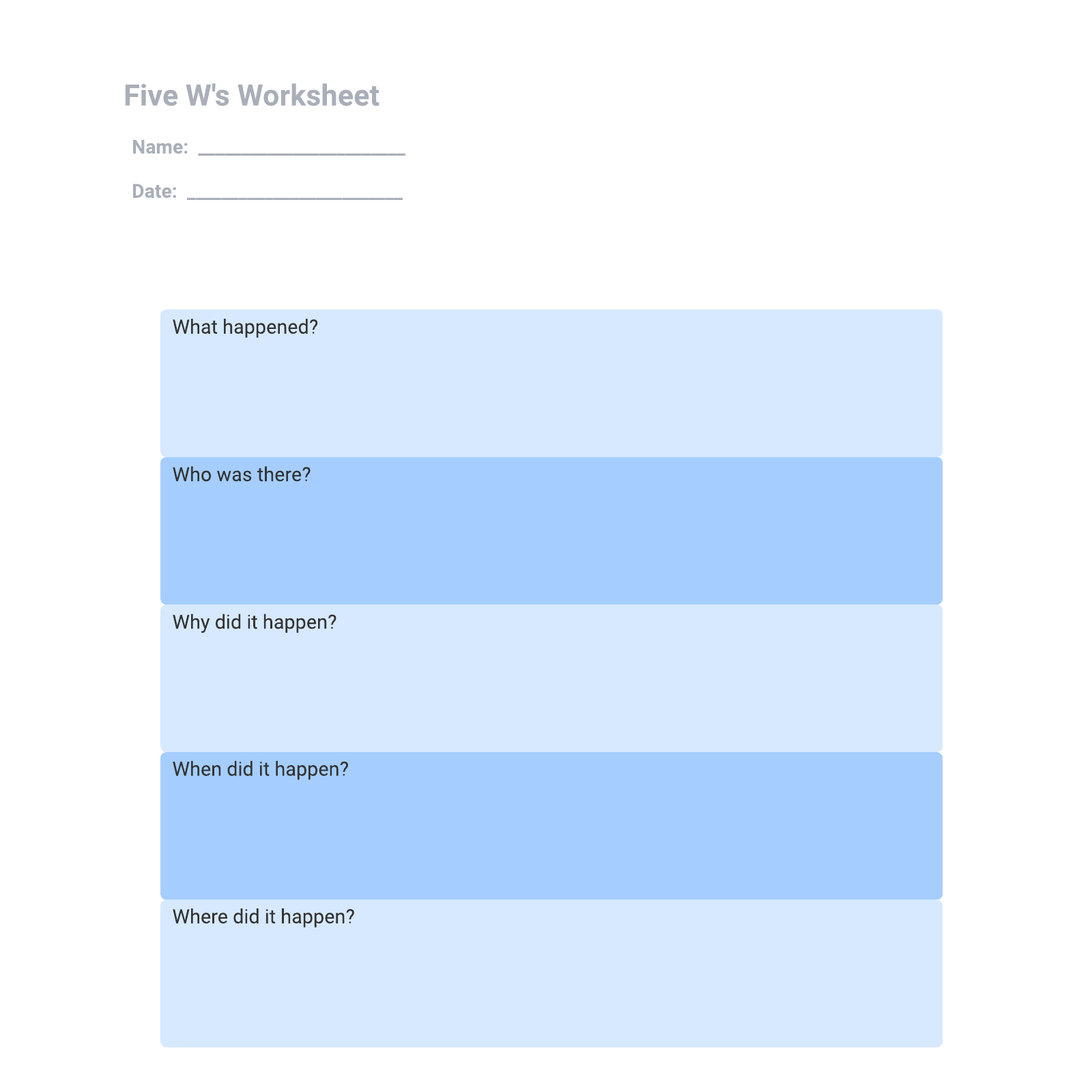 Five W's Worksheet example