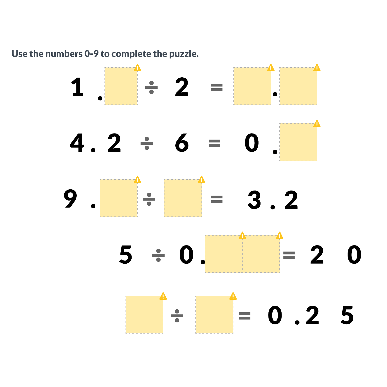 Decimal division 0-9 puzzle example